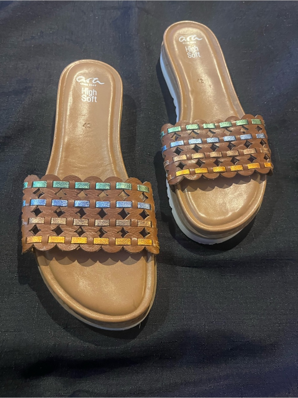 Ara Brown Slide Mules with Iridescent Woven Leather Accents